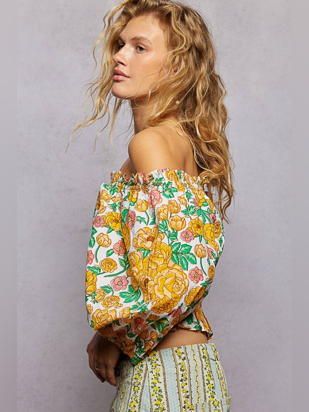 POL “ Sedona Bloom “ Off The Shoulder Smocked Top | Marigold
